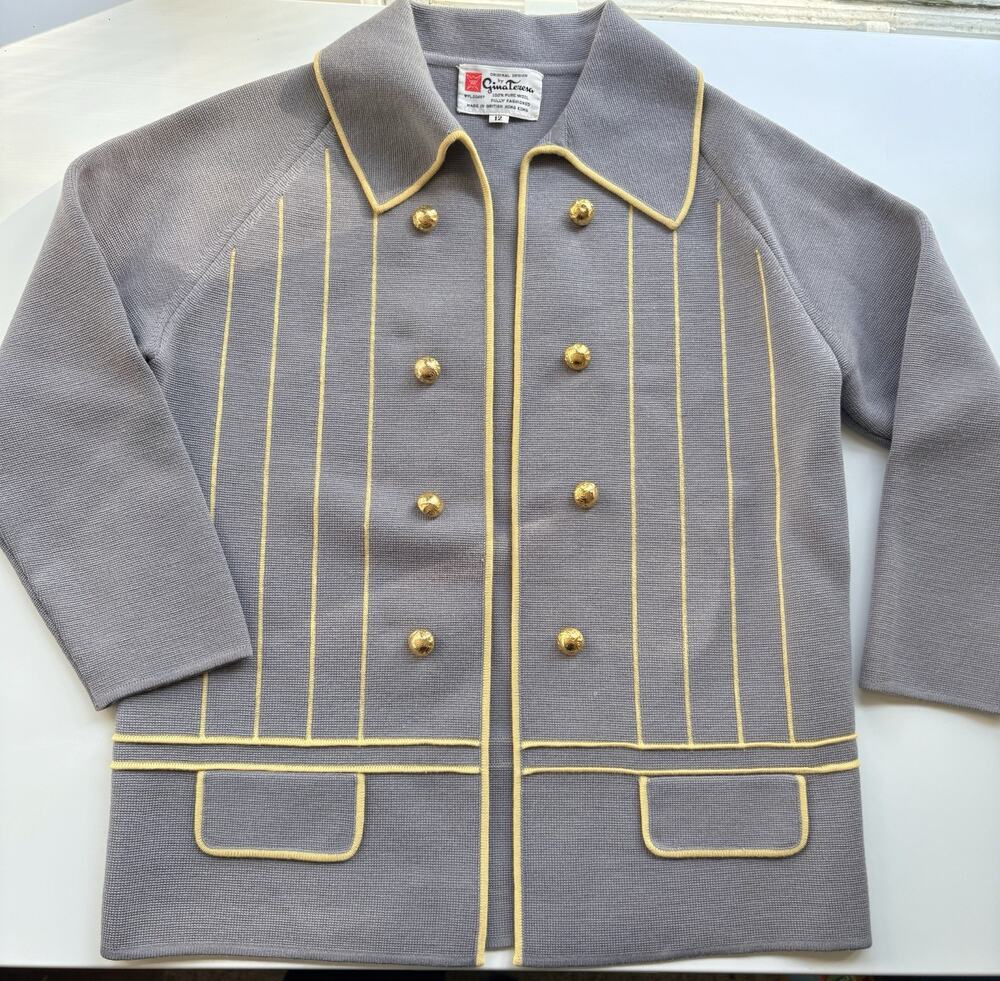VTG Cardigan Sweater Blue Womens M 12 Gold Buttons Jackie O Hong Kong Jacket